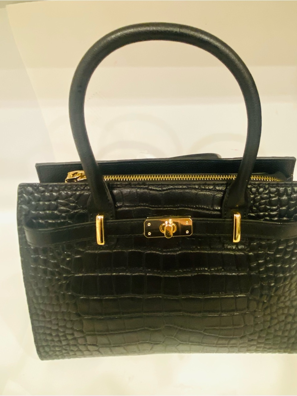 Croc-Embossed Structured Top-Handle Vegan Leather Satchel with Gold Accents NWOT